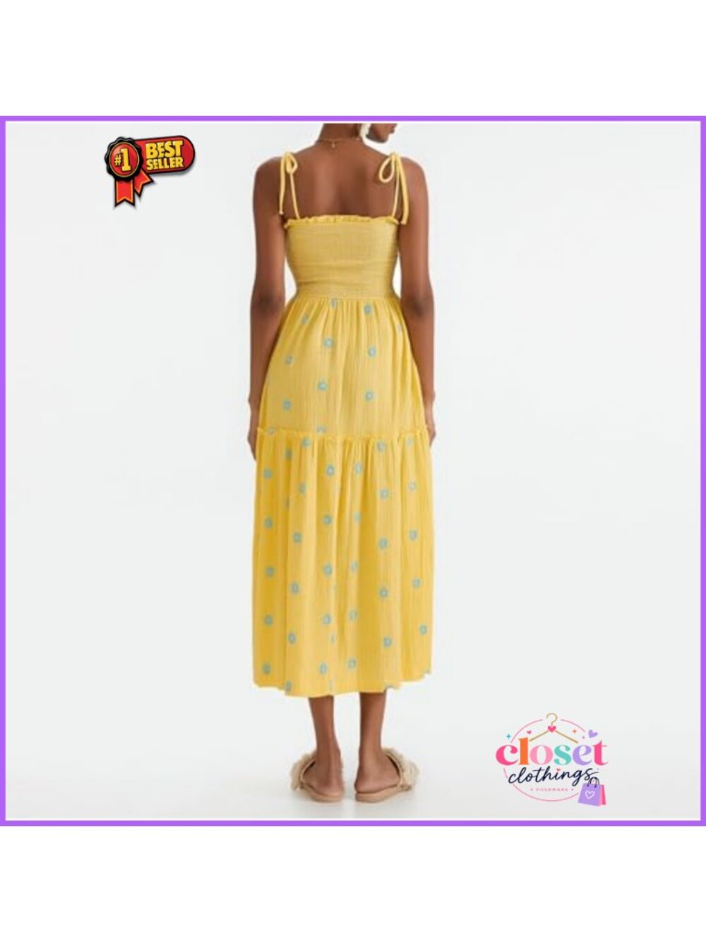 Floral Embroidered Smocked Maxi Dress Sleeveless Tie Shoulder Flowy Boho - Picture 5 of 5